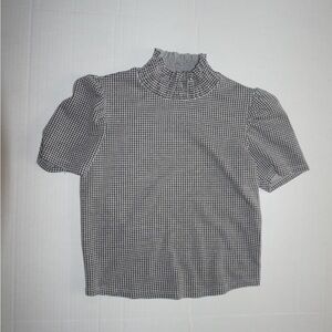 Zara checkered print mock neck short sleeve blouse